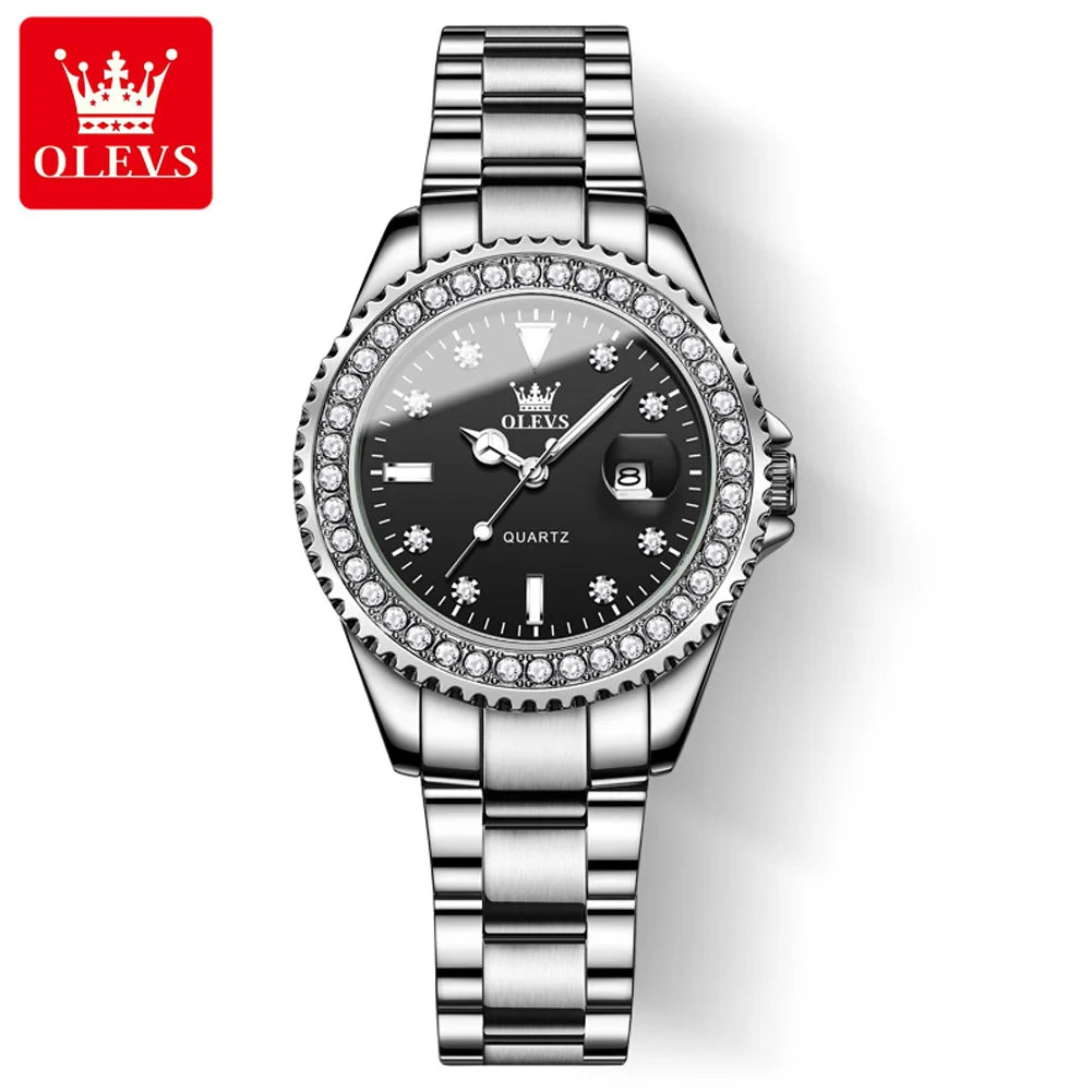 OLEVS 9945 Top Brand Original Quartz Watch for Women Luxury Diamond Lap Calendar Hand Clock Stainless Steel Ladies Wristwatches