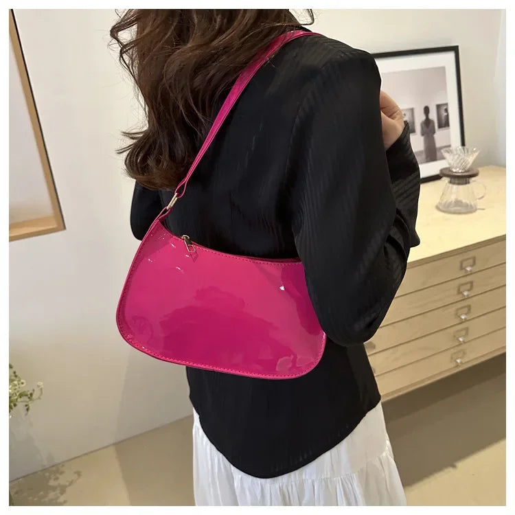 Vintage Wine Red Patent Leather Glossy Underarm Bag 2024 New Minimalist Lady Zipper Shoulder Bag Elegant Versatile Handbag Trend