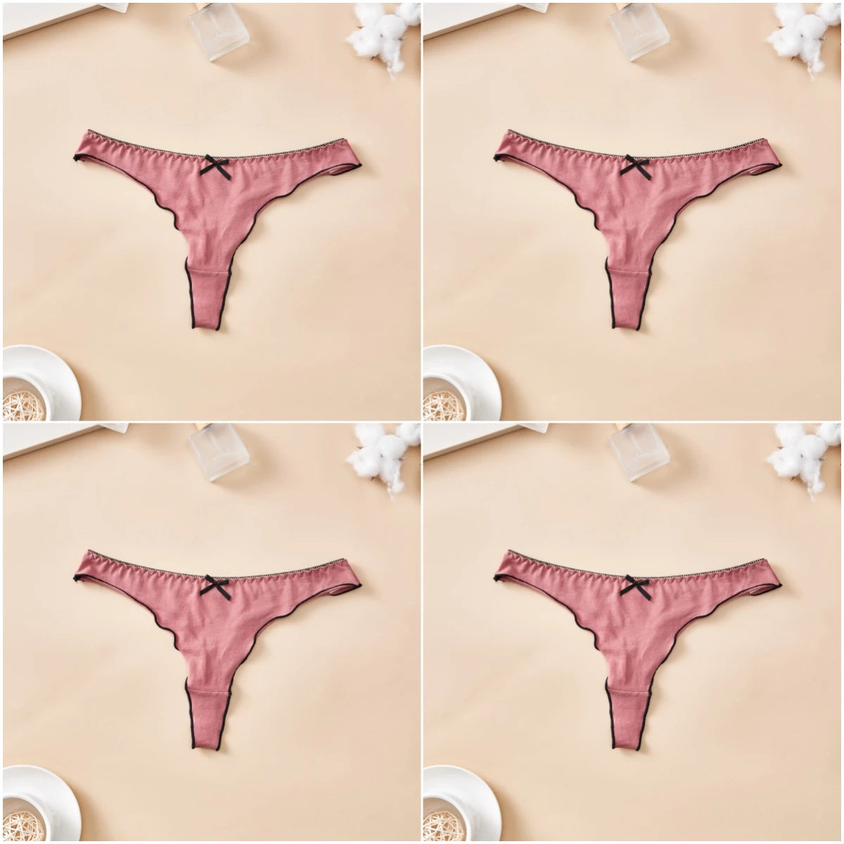 4pcs women's cotton solid color thong sexy comfortable women's underwear daily breathable T-back knitted bow cute girl low-waist
