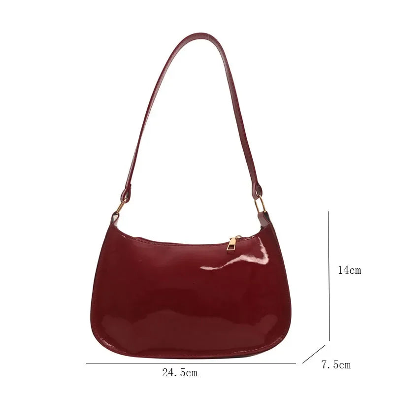 Vintage Wine Red Patent Leather Glossy Underarm Bag 2024 New Minimalist Lady Zipper Shoulder Bag Elegant Versatile Handbag Trend