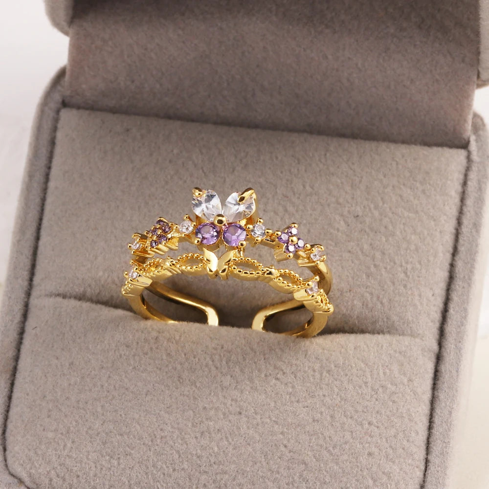 Fashion Moon Heart Flower Butterfly Rings For Women Sweet Girls Exquisite Shiny Rhinestone Crystal Open Ring 2025 Romantic Jewel