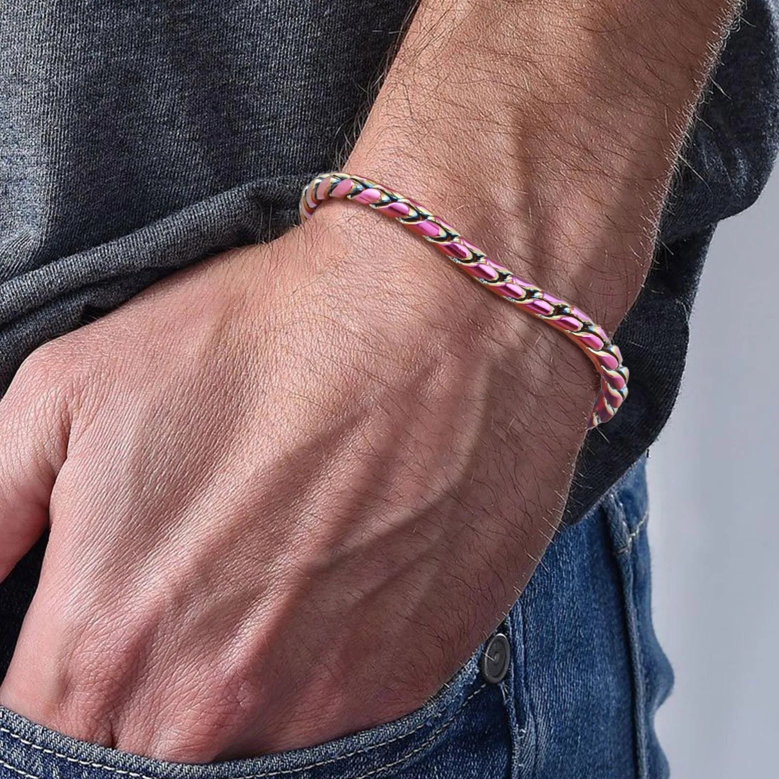 Vnox Colored Stainless Steel Handmade Snake Chain Bracelets for Men Boys,Adjustable Simple Metal Link Wristband, Hippie Jewelry