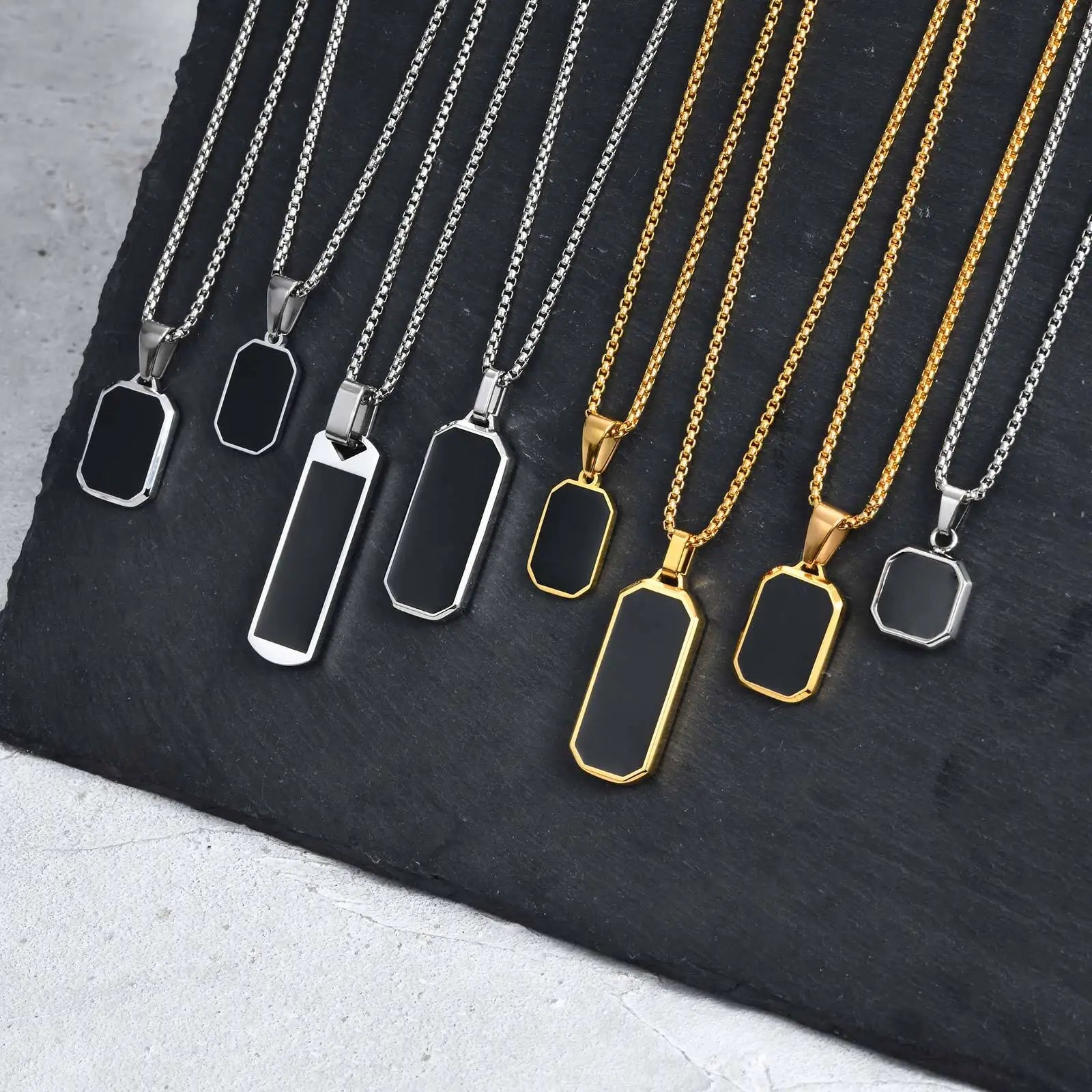 Casual Mens Geometric Square Necklaces,Black Enamel Rectangle Pendant with Rope Box Long Chain Collar,Stylish Jewelry Gifts