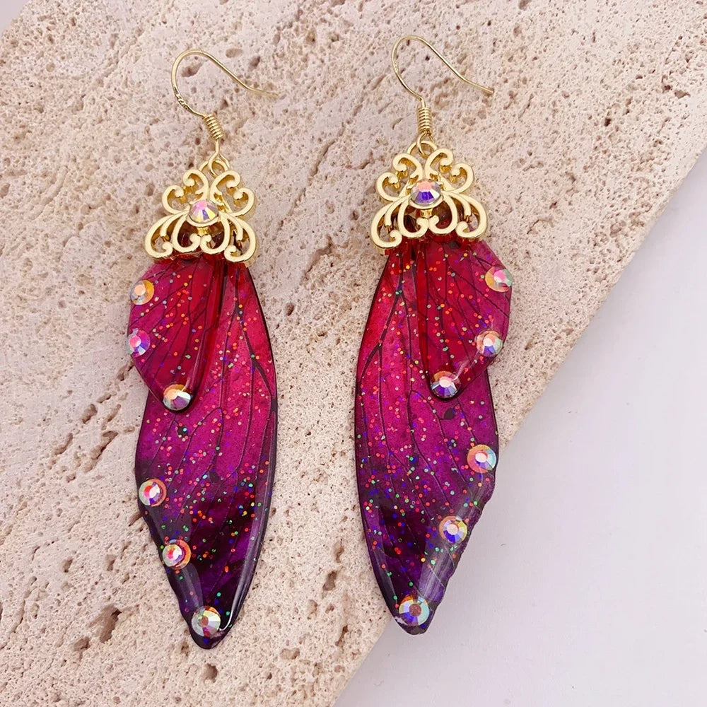 Handmade Fairy Simulation Wing Earrings Insect Butterfly Wing Drop Earrings Foil Rhinestone Earrings Romantic Bridal Jewelry