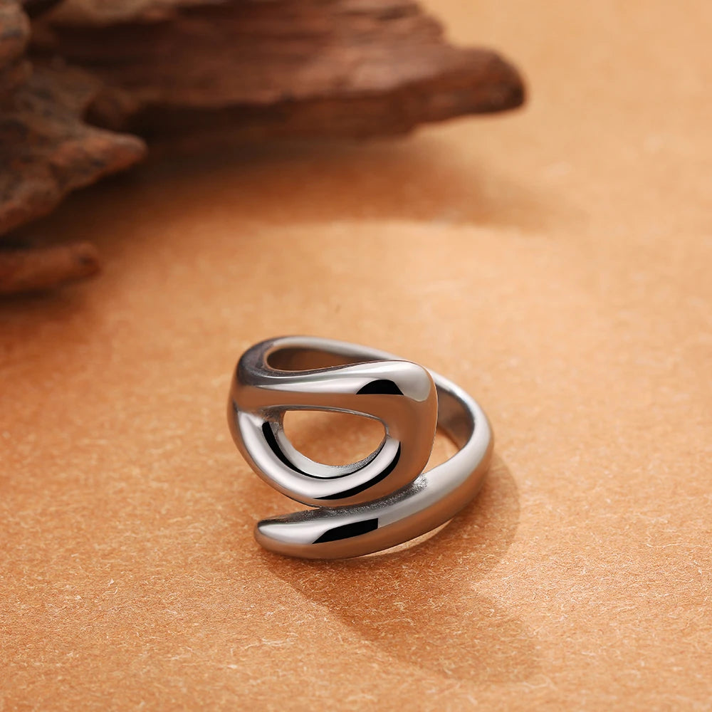 Irregular Geometric Smooth Metal Open Rings for Women Men Statement Thick Dome Finger Ring Adjustable Stainless Steel Jewelry