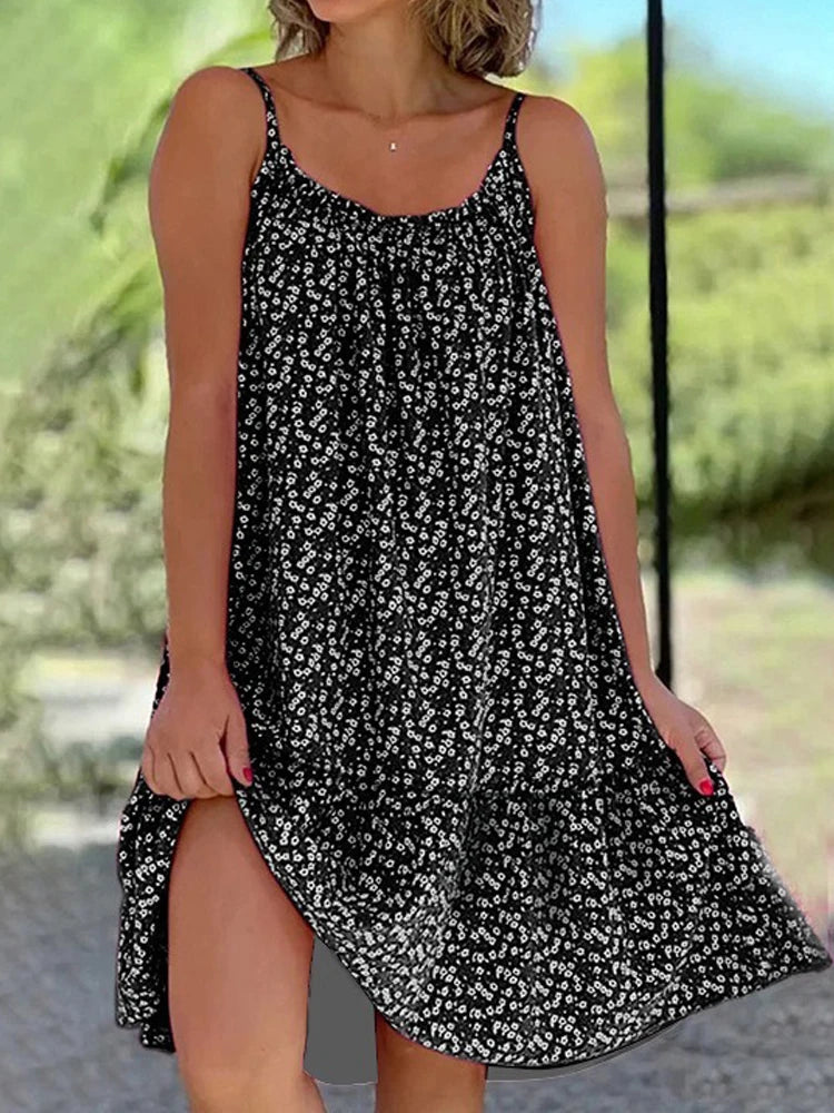 Cross border European and American Summer New Rural Style Big Swing Skirt with Floral Blossoms, Sleeveless Strap, Vest Dress