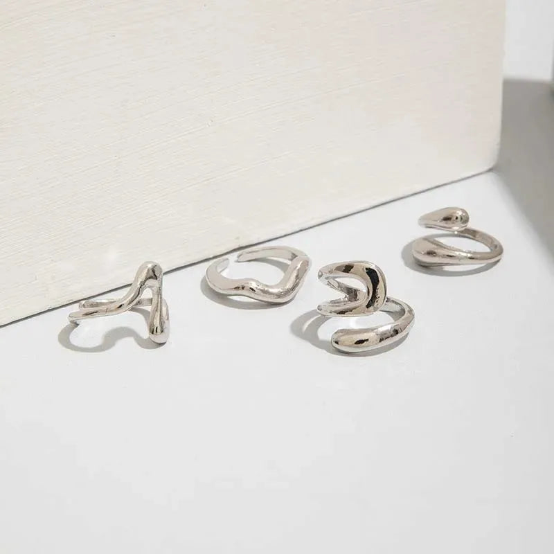 4Pcs/Set Fashion Silver Color Irregular Geometric Open Rings For Women Men Punk Metal Adjustable Knuckle Joint Ring Jewelry Gift