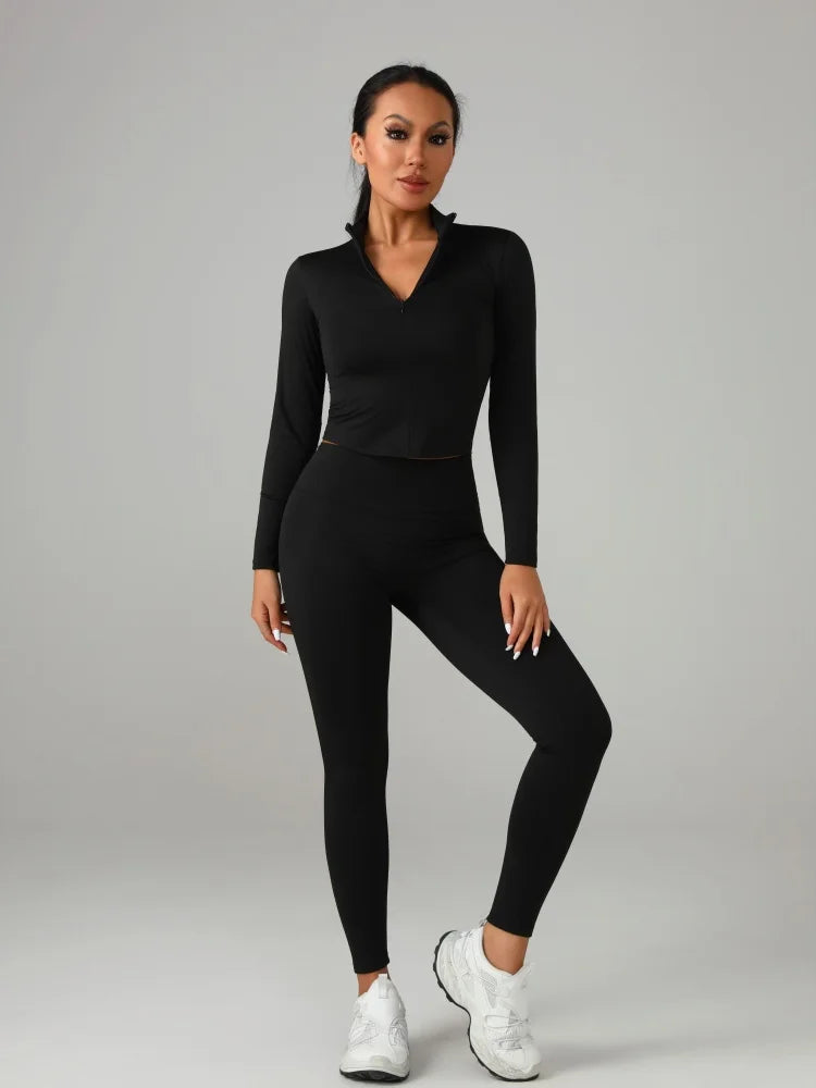 Women's Solid Color Sports Set Long - Sleeve Top + Pants Yoga Fitness Outfit Breathable Quick - Dry Tracksuit