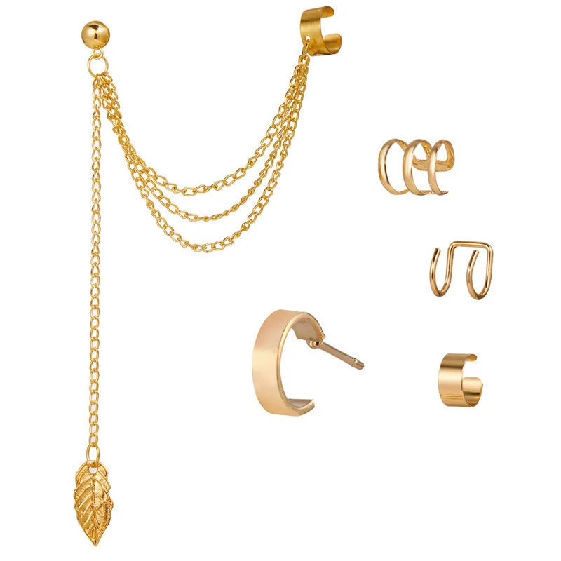 KOTiK 2024 New Gold Silver Color Leaves Clip Earrings for Women Fashion Ear Cuff Non-Piercing Earrings Set Trend Jewelry Gift
