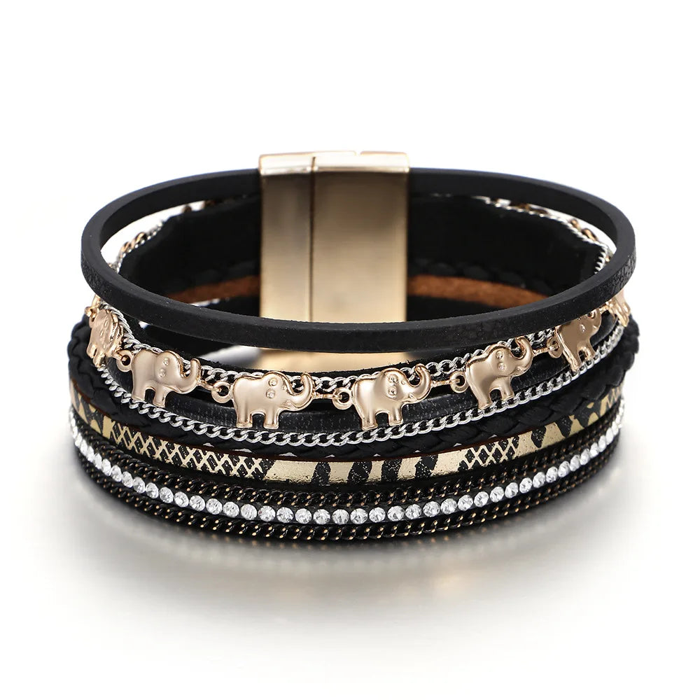 Fashion Elephant Pendant Hand-woven Leather Bracelet Ladies Ins Style with Rhinestone Magnet Clasp Bracelet