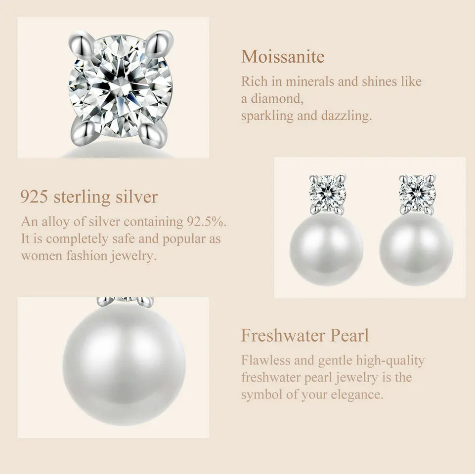 BAMOER Moissanite 925 Sterling Silver Freshwater Pearl Stud Earrings VVS1 Lab Created Diamond Wedding Earrings for Women Gift