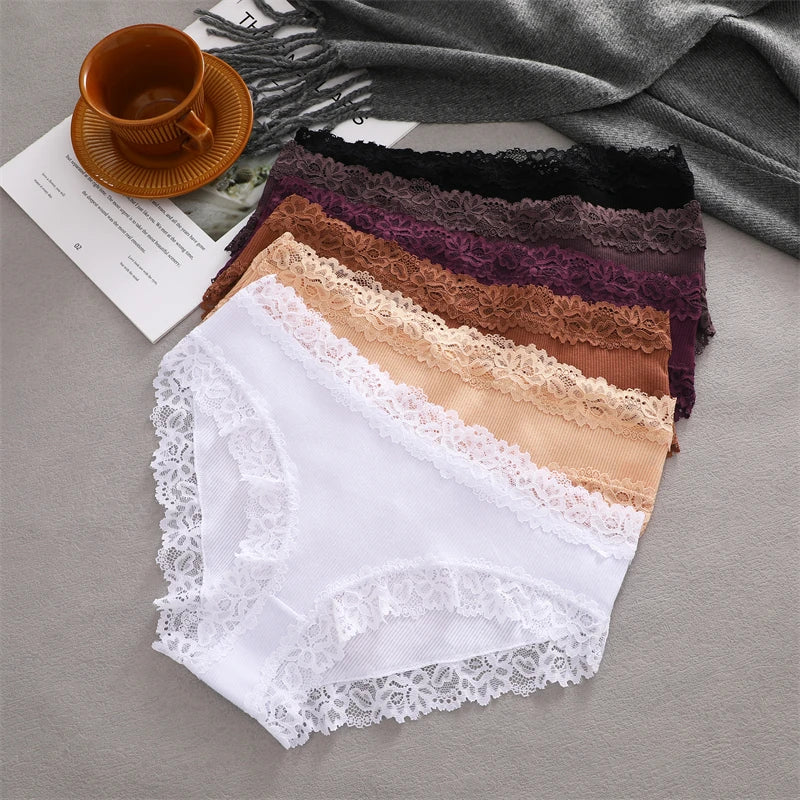 3PCS/Set Cotton Lace Underwear for Women Sexy Ribbed Floral Panties Comfortable Low-Waist Briefs Female Solid Comfort Lingerie