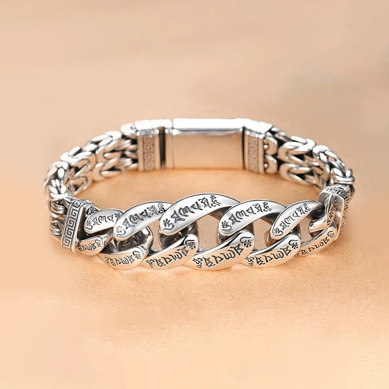 S925 Sterling Silver Personalized Men and Women Bracelets Six-Character Peace Pattern Cuban Chain Jewelry Exquisite Gift