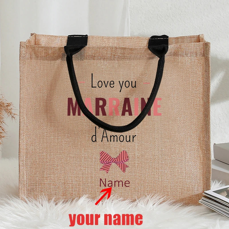Customizable with Name Leopard Letter for Tata Marraine Garland Patterns Jute Tote with Hand Shopping Bag for Godparents Gifts