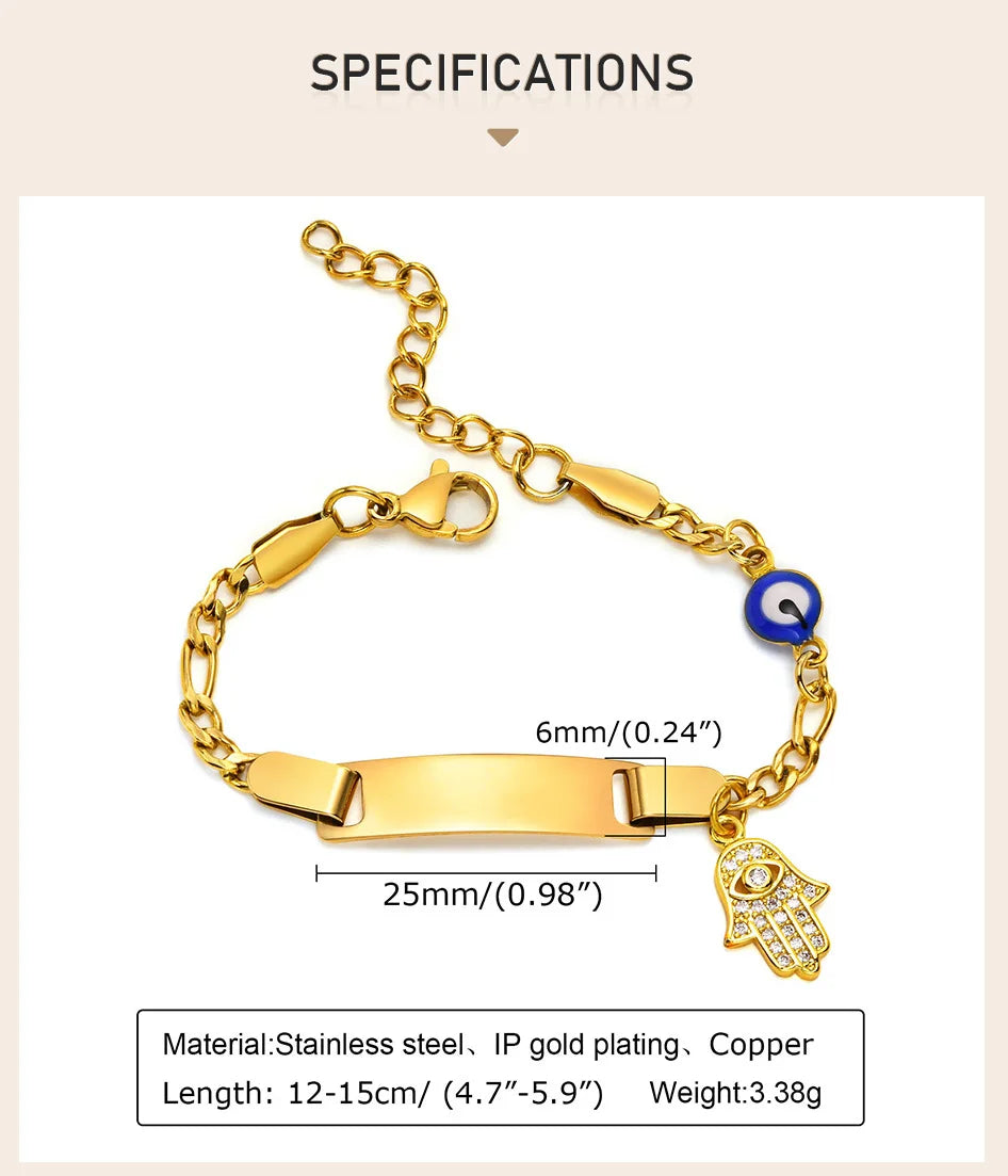 Hamsa Evil Eye Chain Bracelet  for Little Boy Girl, Engrave Customized Name Bracelet, Hand of Fatima Lucky Jewelery