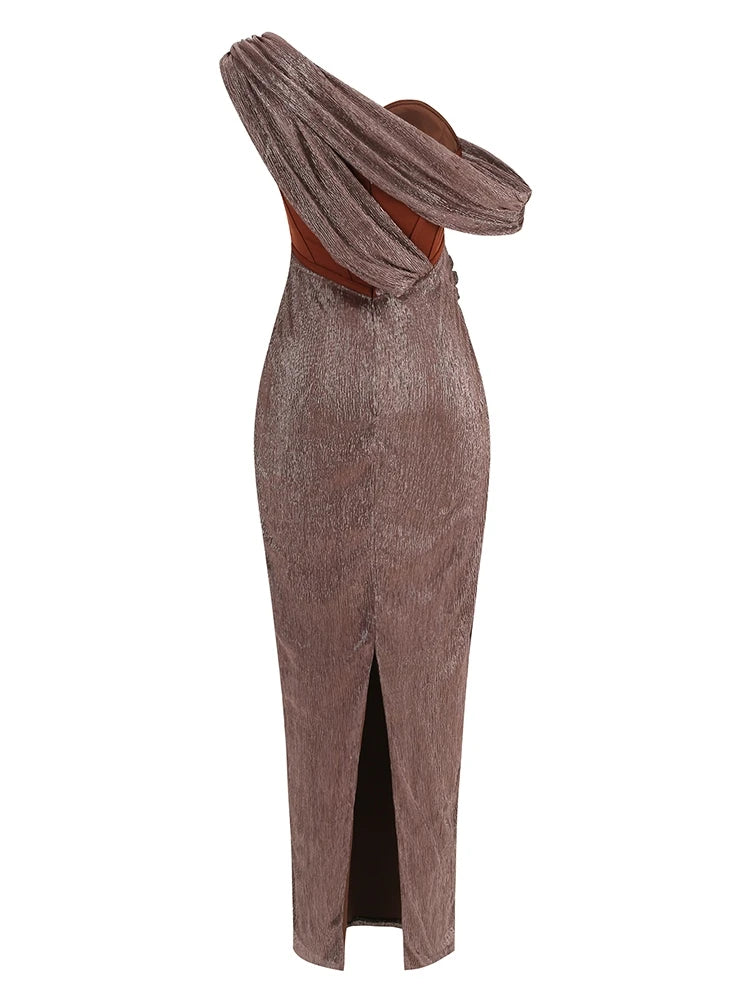 Sexy One Shoulder Draped Glitter Long Dress Women Brown Corset Sparkly Backless Bodycon Maxi Dresses Evening Party Gowns