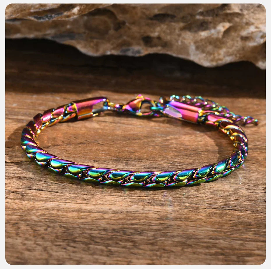 Vnox Colored Stainless Steel Handmade Snake Chain Bracelets for Men Boys,Adjustable Simple Metal Link Wristband, Hippie Jewelry