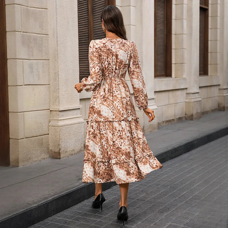 Casual Loose Printed Long Dresses For Women 2025 Fashion Autumn Women's A-Line Midi Dress Elegant Vintage Female Dresses