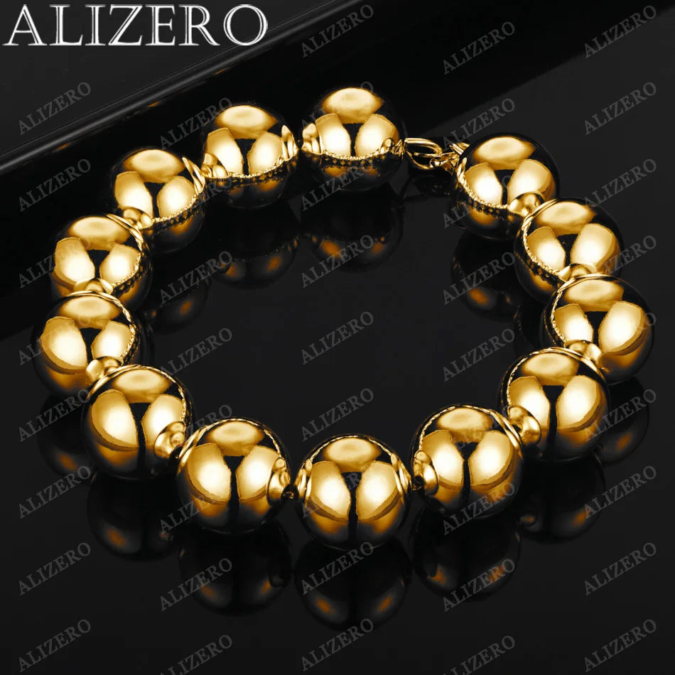 ALIZERO 18K Gold Bracelet 4/6/8/10/14MM Smooth Beads Ball Chain Bracelets For Woman Men Fashion Wedding Party Gift Fine Jewelry