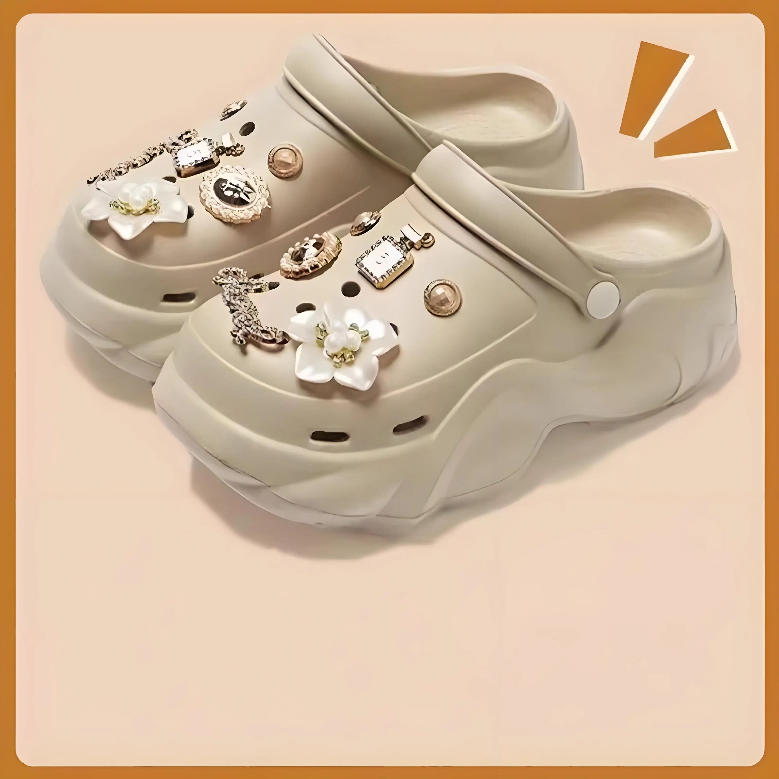 Women DIY Silver Chains Fashion Bear Decor Clogs Summer Sping Autumn Beach Sandals Cave Hole Garden Shoes For Students Girls New