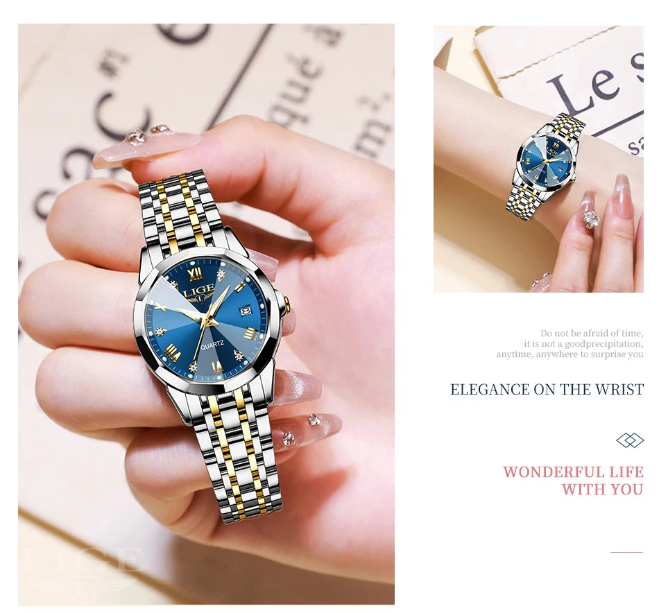 LIGE Elegant Ultrathin Nordic Simple Style Quartz Movement Women's Wristwatch Fashion Stainless Steel Bracelet Belt Woman Watch