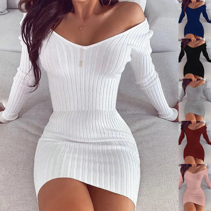 Sexy V-Neck Bodycon Dress - Long Sleeve Off Shoulder Mini Dress