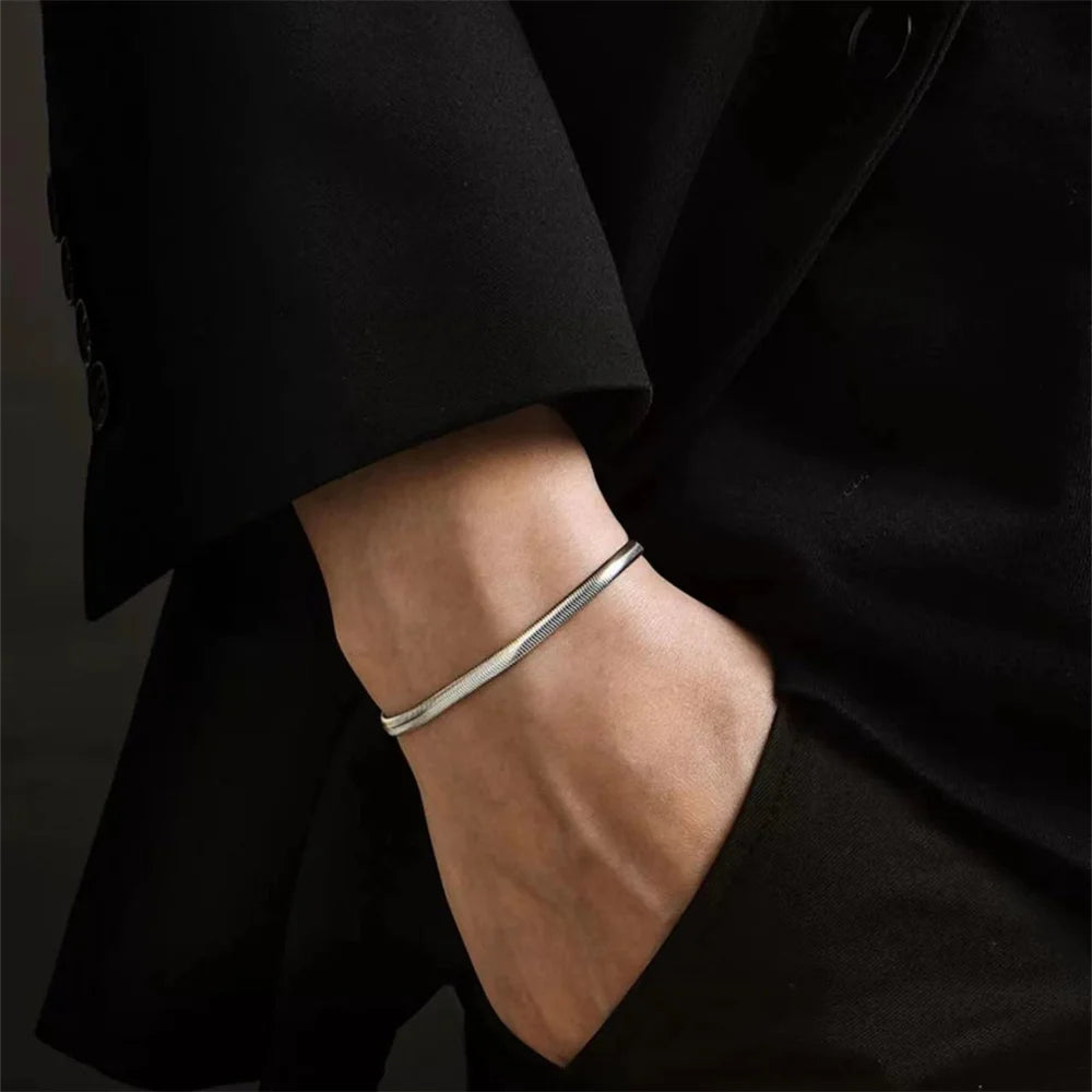 Silver Color Stainless Steel Flat Snake Chain Bracelet Hip Hop Simple Men Bracelet Fashion Jewelry Bracelet For Women