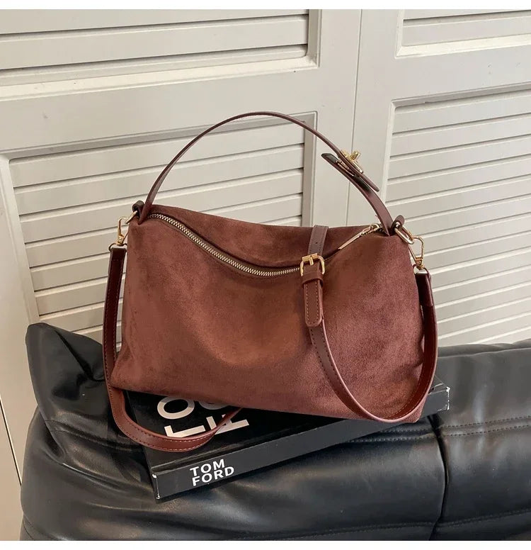 New Solid Color PU Zipper Women's Bag Suede Large Capacity Women's Shoulder Bag Fashion Versatile Casual Dual Purpose Handbag