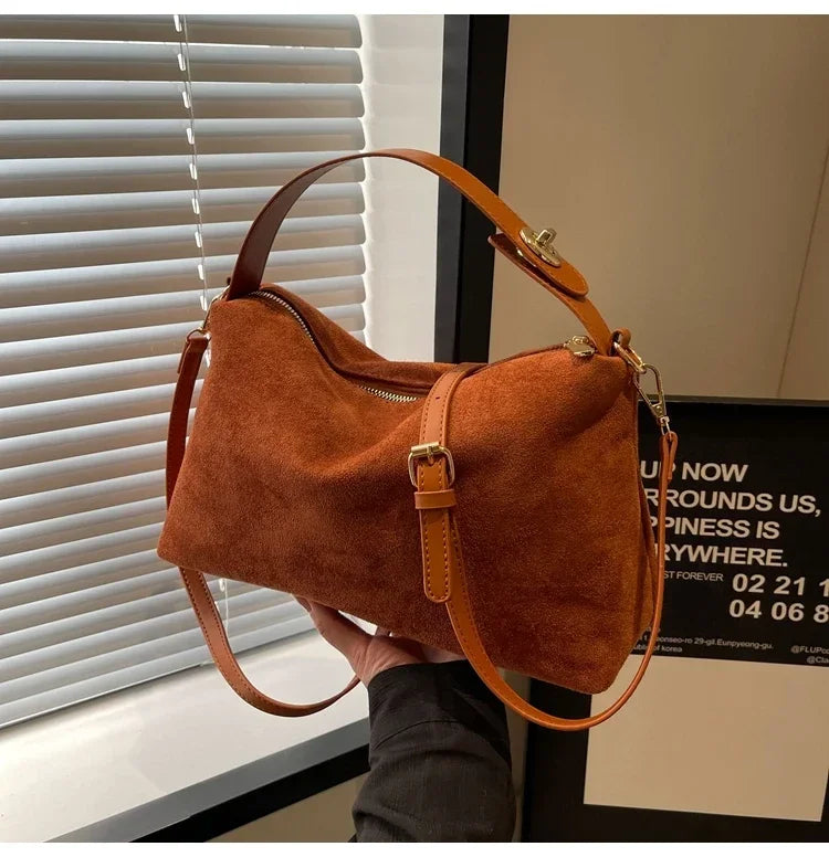 New Solid Color PU Zipper Women's Bag Suede Large Capacity Women's Shoulder Bag Fashion Versatile Casual Dual Purpose Handbag
