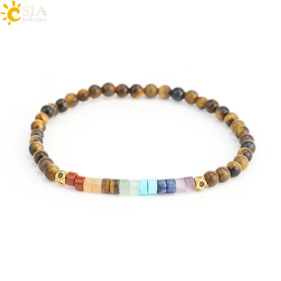 CSJA Natural Stone Bracelet Healing 7 Chakra Crystal Bracelet  Black Obsidian Tiger Eye 4mm Mini Beaded Bangle Luck Jewelry H393