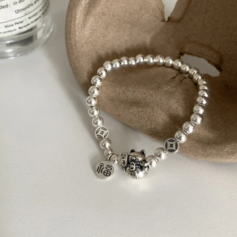 New 925 Silver Geometric Bead Punk Peace of Mind Words Irregular String Bracelet For Woman Girl Fashion Jewelry Gift Dropship