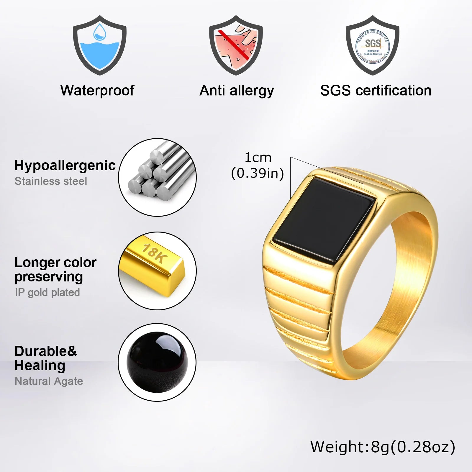 Black Stone Ring for Men,Gold Color Stainless Steel Square Ring Thumb Ring Signet Ring Wedding Ring,Classic Trendy Jewelry Gift