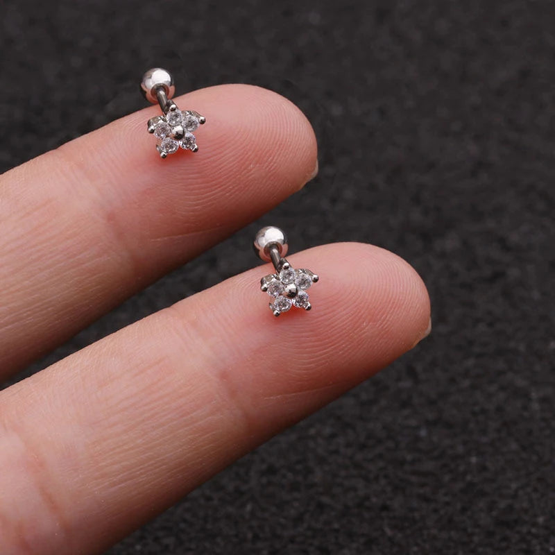 1PC Stainless Steel Gold Color Silver Color Flower CZ Tragus Cartilage Helix Star Ear Stud Piercing Zircon Daith Earring