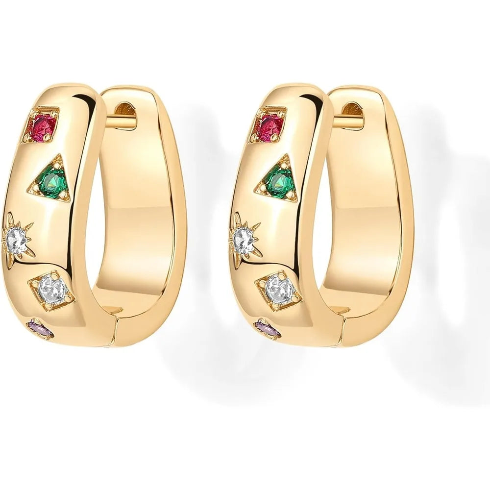 14K Gold Plated 925 Sterling Silver Posts Chunky Huggie Earrings for Women Multi-Colored Cubic Zirconia Statement Hoop Earrings