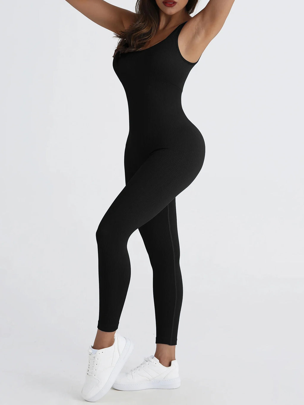 Women Workout Seamless Jumpsuit Yoga Ribbed Bodycon One Piece Square Neck Leggings Romper