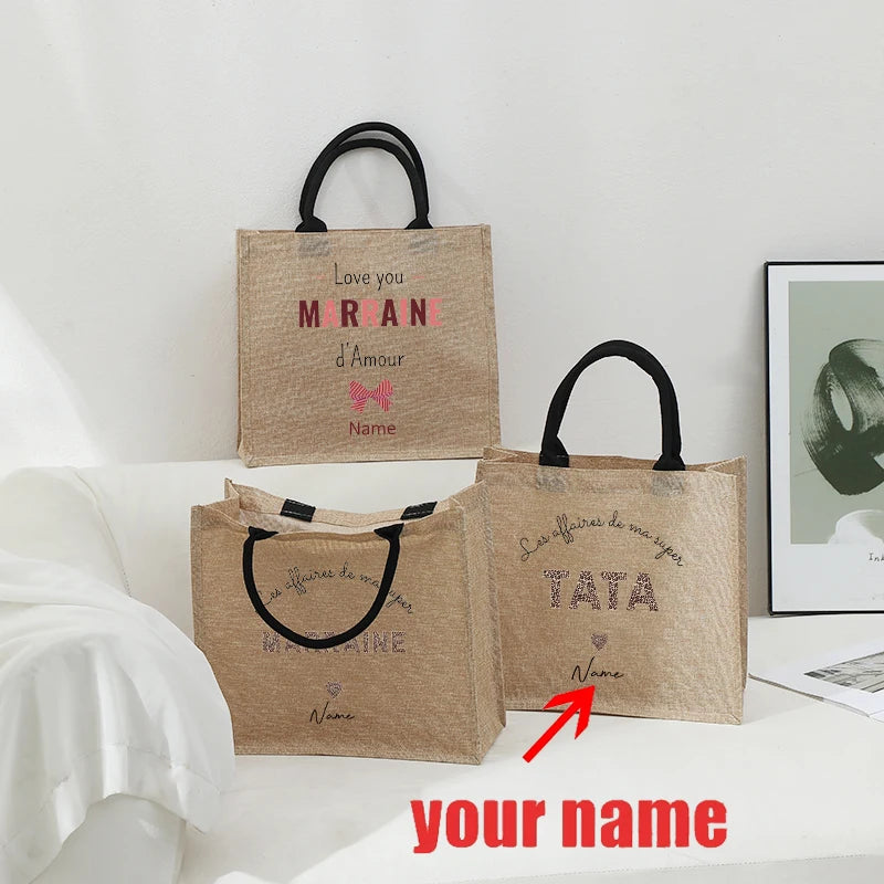 Customizable with Name Leopard Letter for Tata Marraine Garland Patterns Jute Tote with Hand Shopping Bag for Godparents Gifts