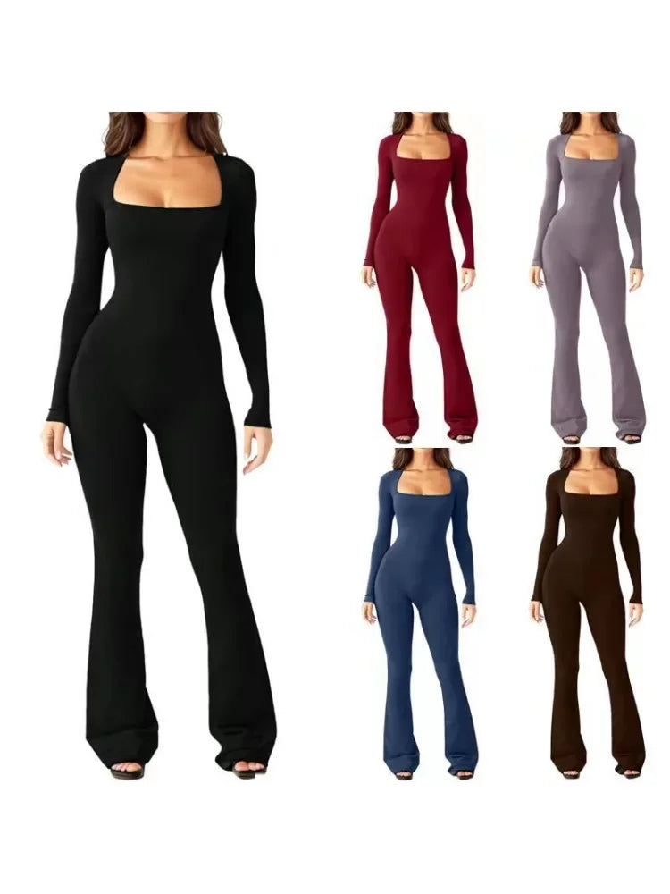 Women's Yoga Suit Long Sleeve Belly Tie Waist Hip Lift Square Neck Wide Leg High Elastic Jumpsuit
