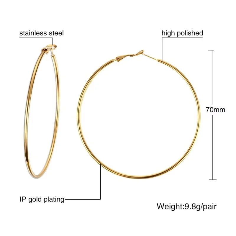 Stainless Steel Big Circle Hoop Huggie Earrings For Women, 40mm/50mm/60mm/70mm
