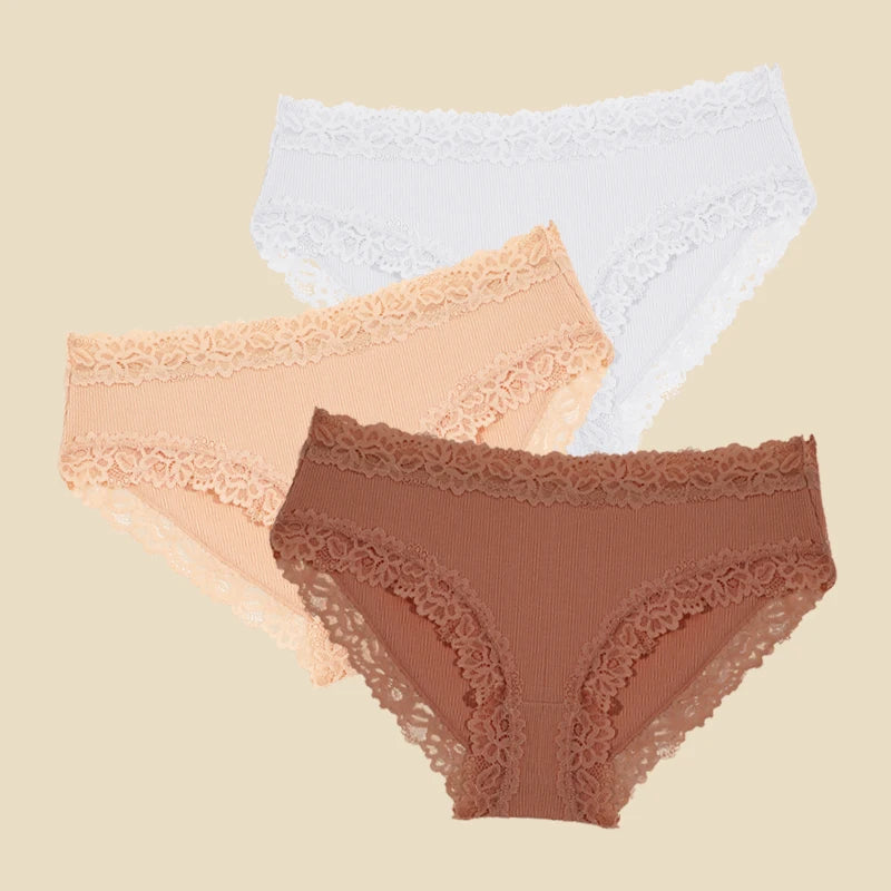 3PCS/Set Cotton Lace Underwear for Women Sexy Ribbed Floral Panties Comfortable Low-Waist Briefs Female Solid Comfort Lingerie