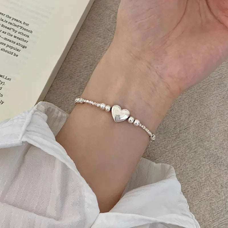 New 925 Silver Geometric Bead Punk Peace of Mind Words Irregular String Bracelet For Woman Girl Fashion Jewelry Gift Dropship
