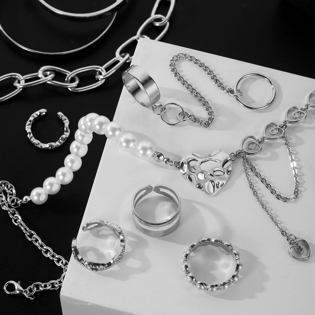 IPARAM Silver color Chain Pearl Bracelet Love Pendant Zircon Necklace Snake Butterfly Earrings Ring Fashion Jewelry Set