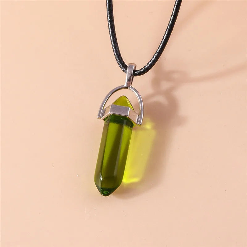 Natural Stone Quartz Lapis Opal Amethyst Pink Crystal Stone Hexagonal Column Pendant Necklaces Leather Chain Bullet Necklace