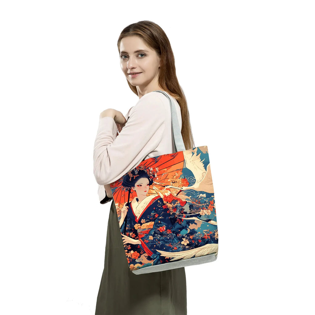 Japan Ukiyoe Print Handbags Groceries Kimono Woman Shopping Bags Women Large Capacity Shoulder Bag Chrysanthemum Portable Tote