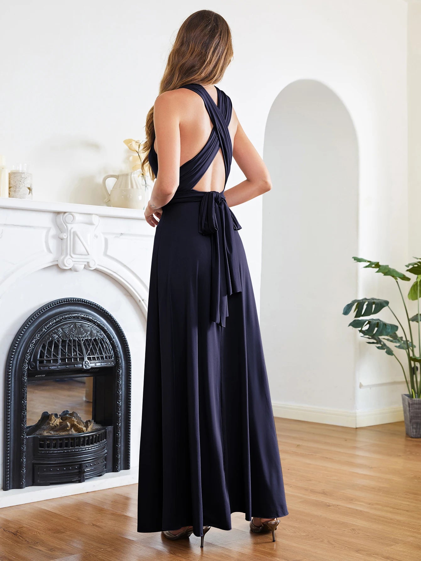 BABYONLINE Sexy Bridesmaid Dress Infinity Style Convertible Halter V neckline Gown Sleeveless Multiway Wrap Changable Guest Gown