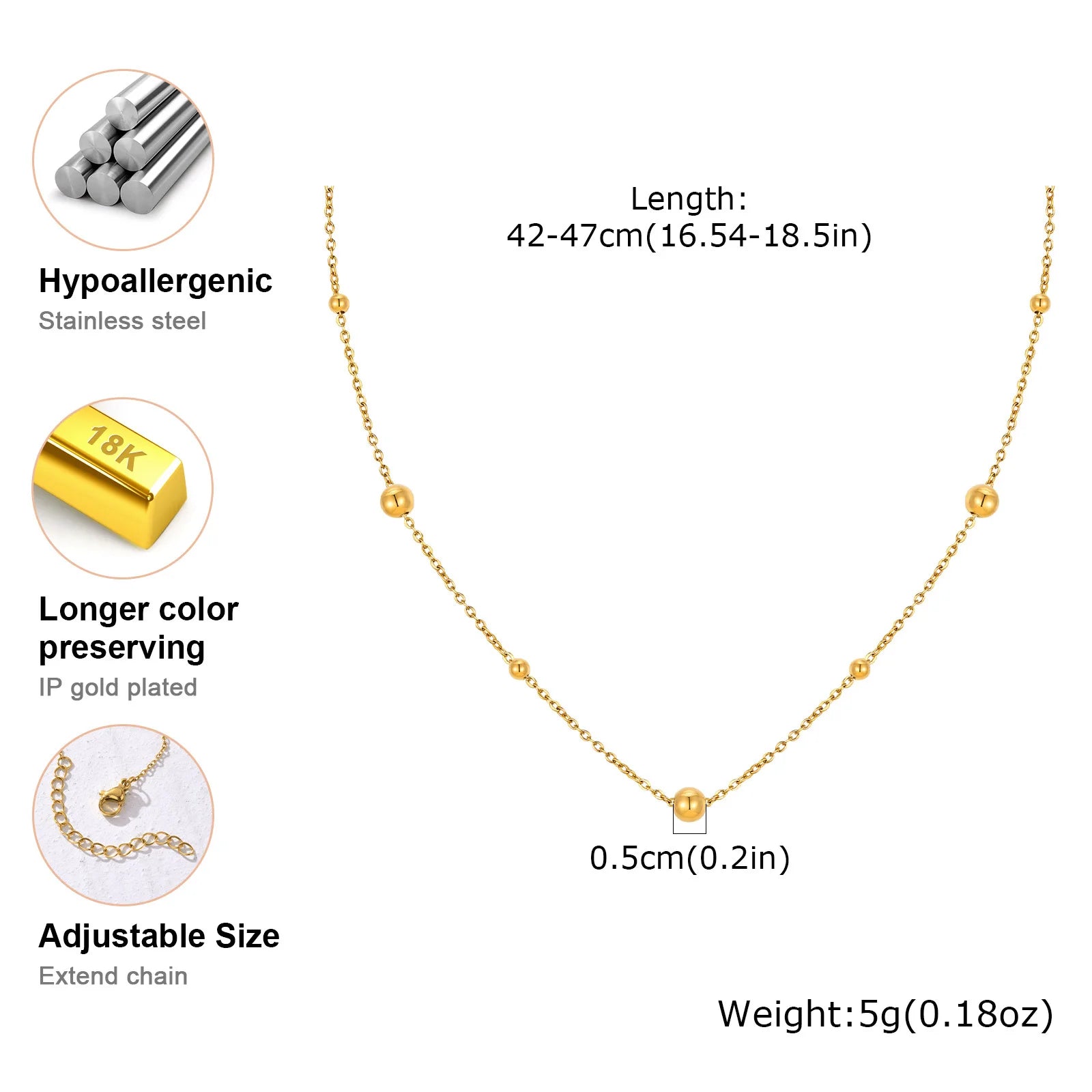 Vnox Dainty Beads Chain Necklaces for Women Girls, Gold Plated Cable O Links Choker Collar