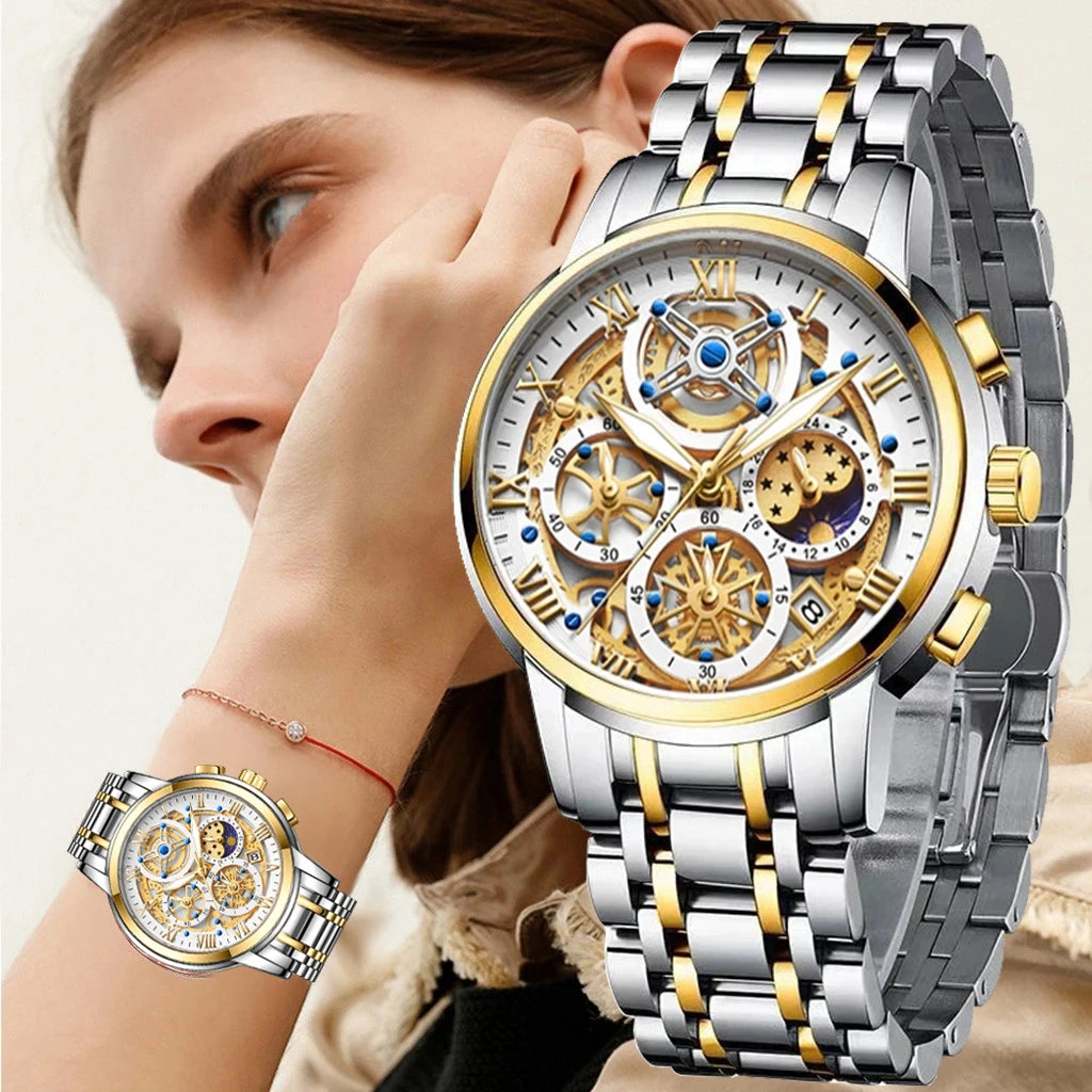 LIGE 2024 Gold Women Watch - Waterproof Sport Quartz Chronograph