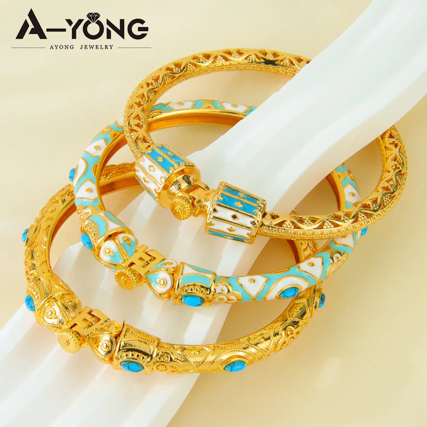 Ethiopia Classic Turquoise Bracelet 21k Gold Plated Dubai Charm Opening Bangles Oman Women Bridal Wedding Party Jewelry