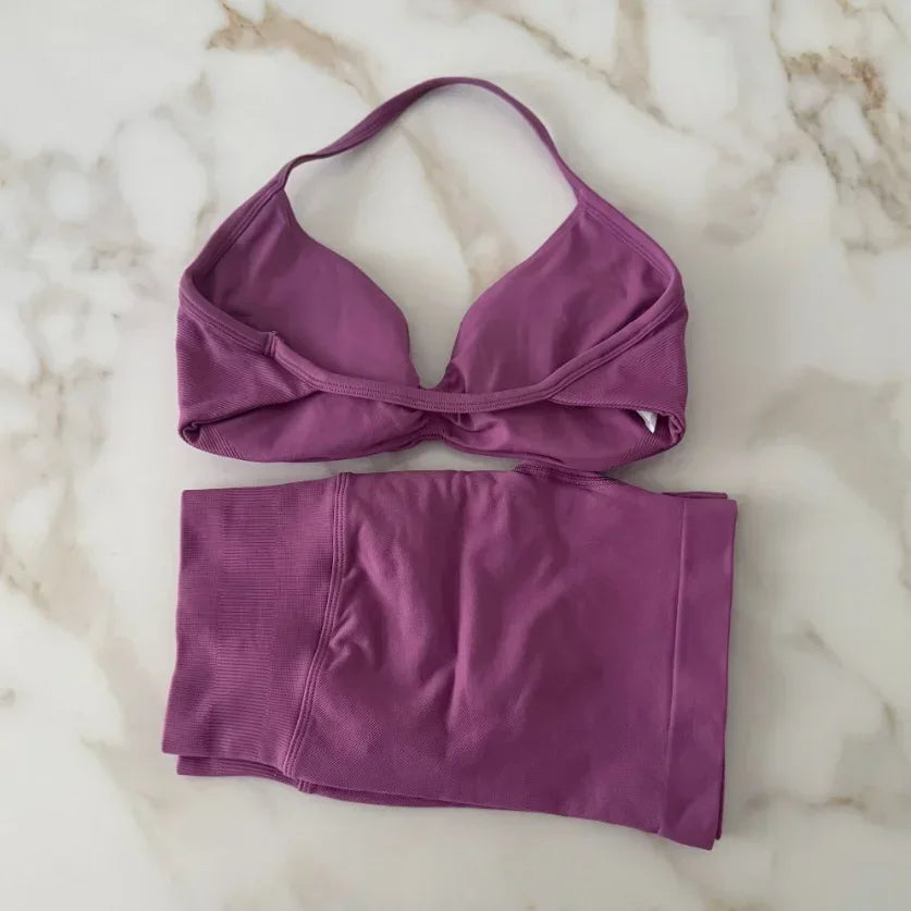 Seamless Sportswear Workout Set Women Two Piece Strappy Yoga Bra Top Scrunch Shorts Gym Clothes