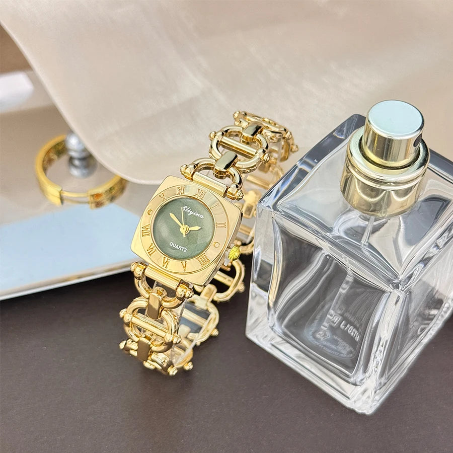 High-End Women's Skeleton Design Watch Square Roman Hour Markers Light Luxury Fashion Cross-Border Best-Seller Ladies Watch