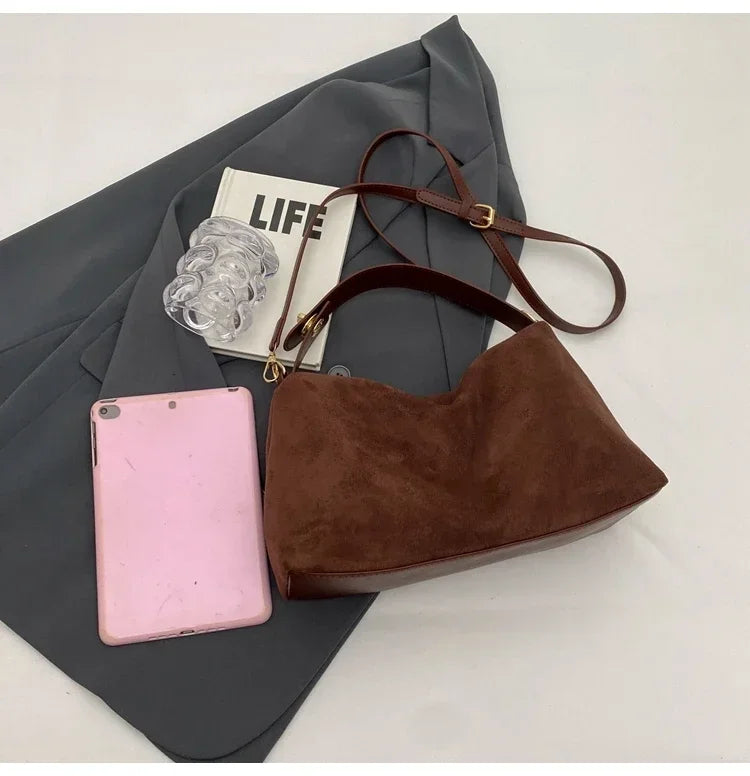 New Solid Color PU Zipper Women's Bag Suede Large Capacity Women's Shoulder Bag Fashion Versatile Casual Dual Purpose Handbag